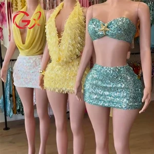 GX25192  Fashion Women Clothing Vendor Sexy Street Wear Sleeveless Halter Sequin  Backless Tank Top and Mini Skirt 2 Piece Set