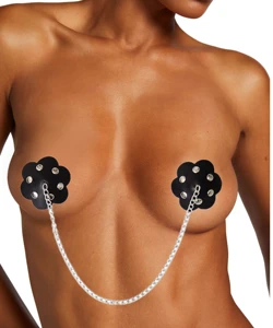 Wholesale Reusable Black Petal Punk Self-adhesive PU Sexy Leather Nipple Breast Covers for Raves and Festivals with Metal Chain