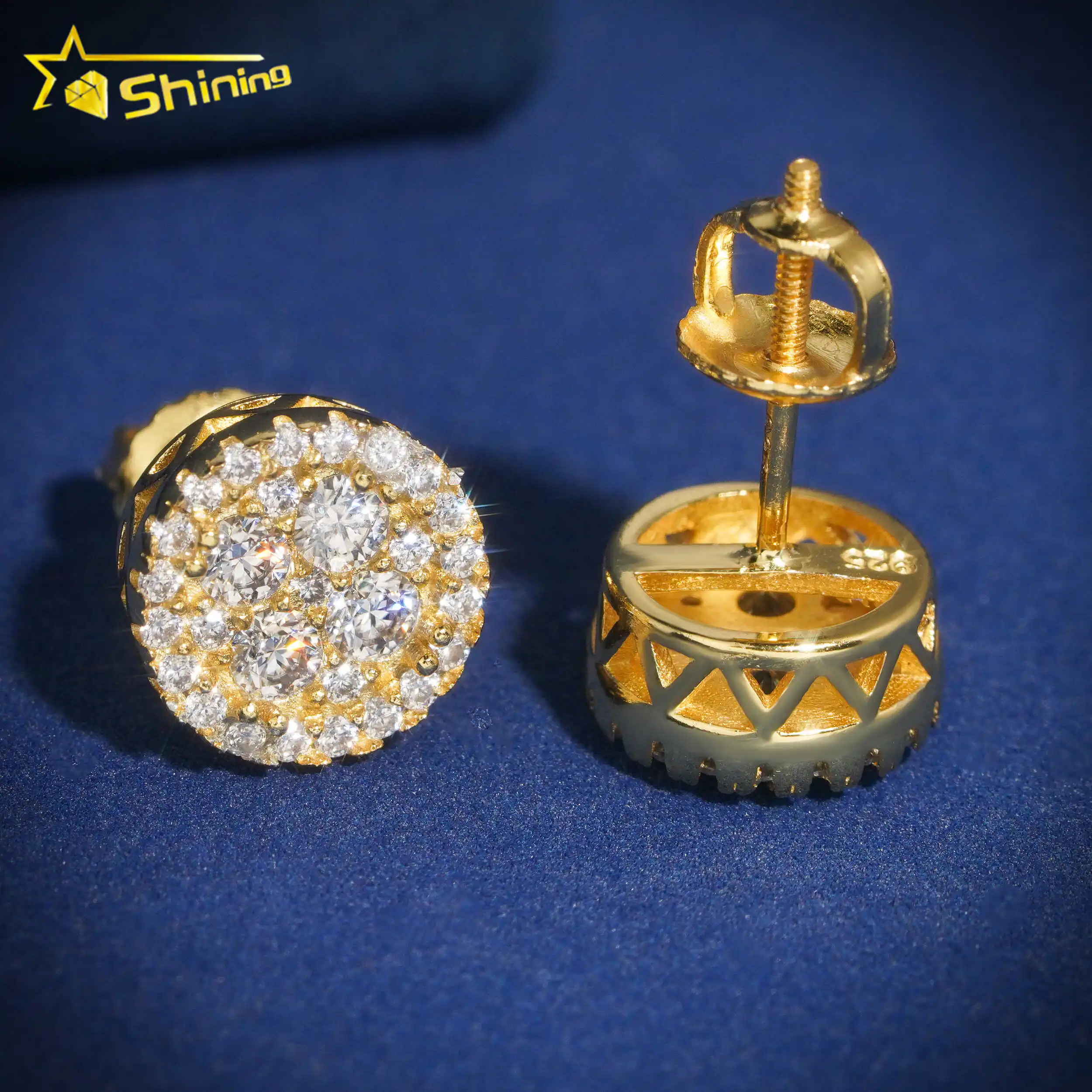 10K White Gold Men's Hip Hop Stud Earrings - 0.05ct Round Diamond Kite Shape Iced Earrings - View #3