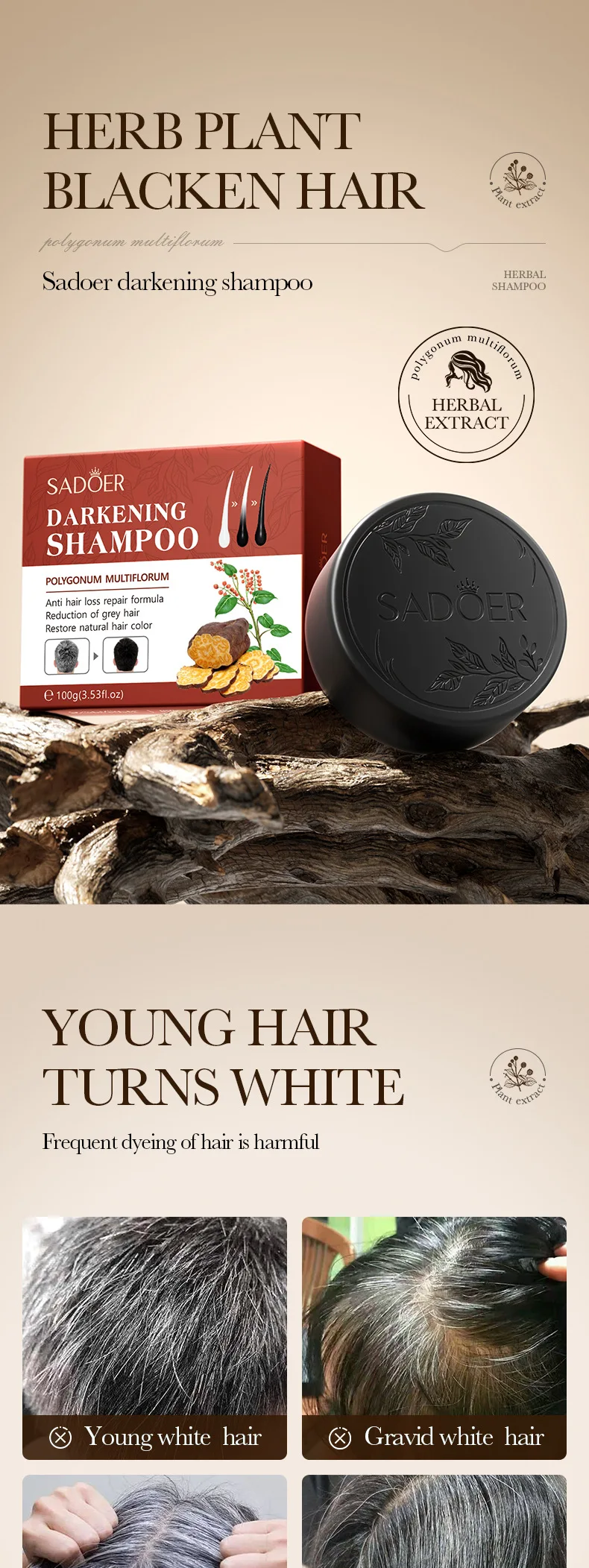 Private Label Polygonum Multiflorum Shampoo Solid Darkening Organic