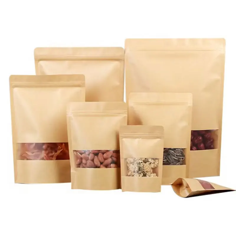 Factory-Direct Doypack Pouch Brown Kraft Paper Bag with Clear Window for Tea Snack Pet Food Packaging