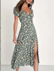Vintage Floral Printed Dress with  Casual Short Sleeve Natural Waistline Slit up to the Knee ODM Supply