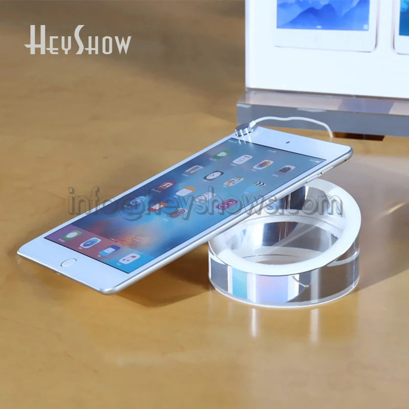 Solid Acrylic iPad Display Stand with Clear 10cm Base 12cm PPC Support 15cm Work Alarm System 16cm Retail for Desk Use