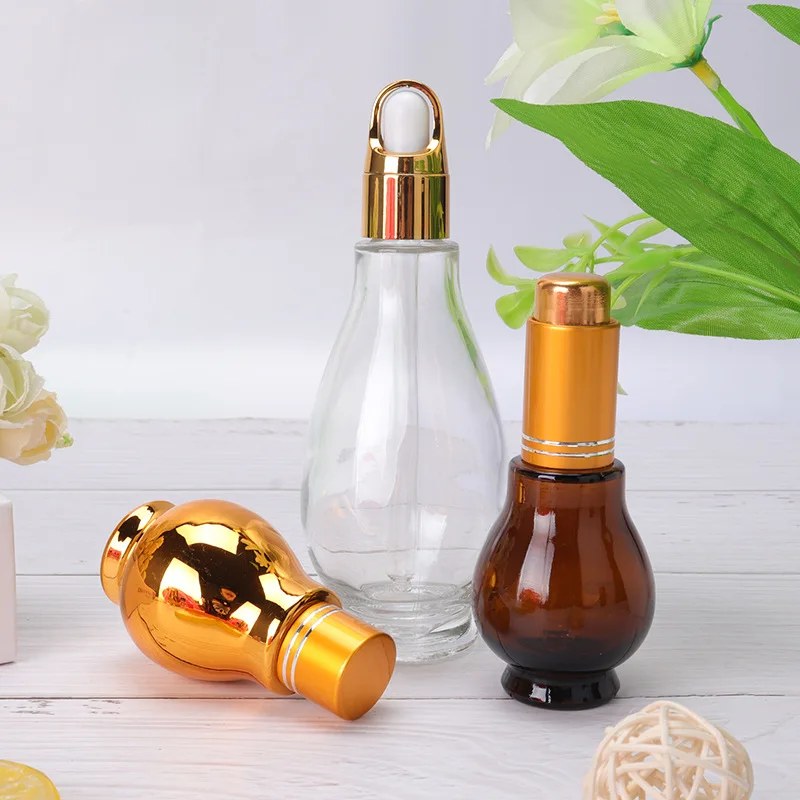 Wholesale 20ml 30ml 50ml 100ml Empty clear Amber Gourd Essence Oil Bottle Perfume Bottle with Glass Tube Dropper Lid