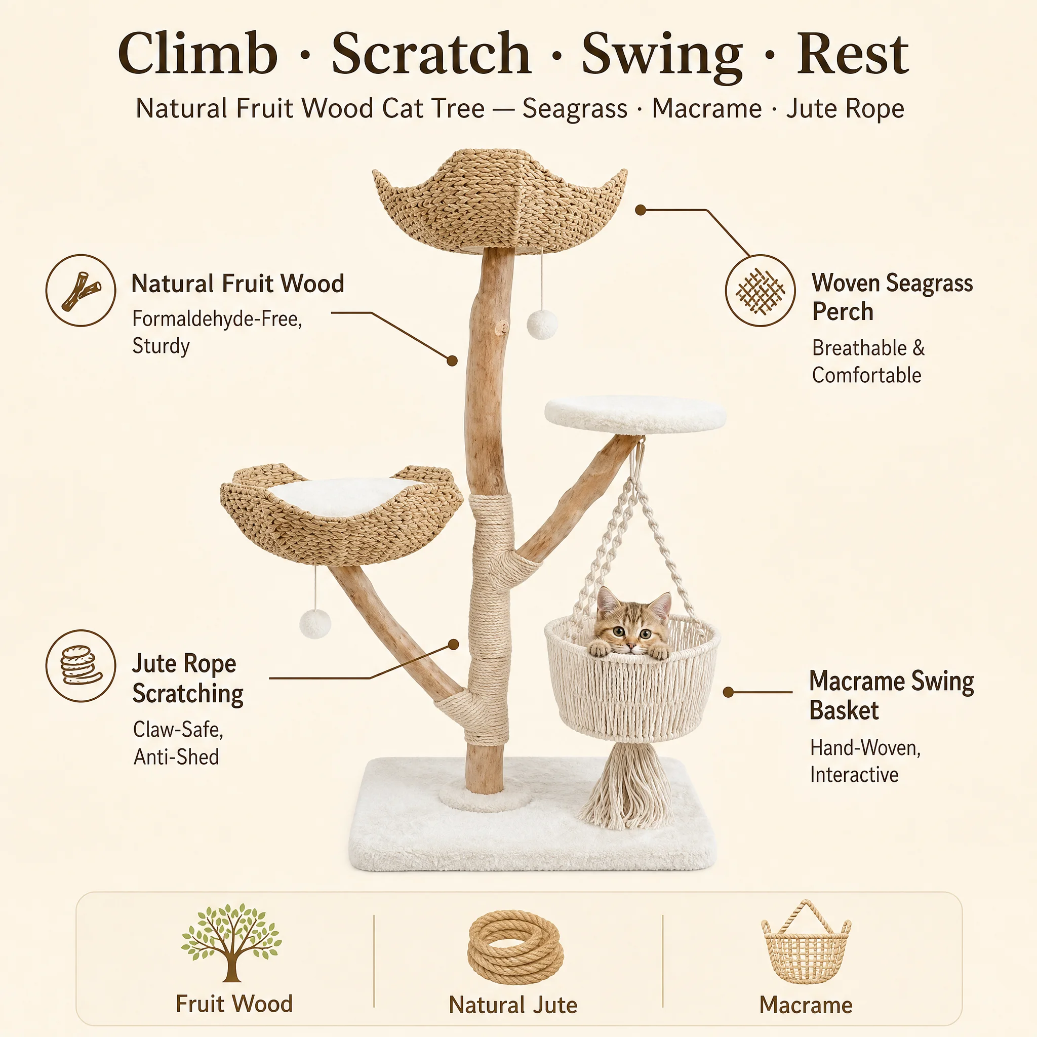 Natural Solid Wood Fruitwood Cat Climbing — Product details 6