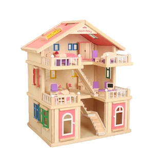 Solid Wood Three-Story DIY Toy Doll House for Early Childhood Education Spanish Prince Princess Role-Playing Playhouse for Kids