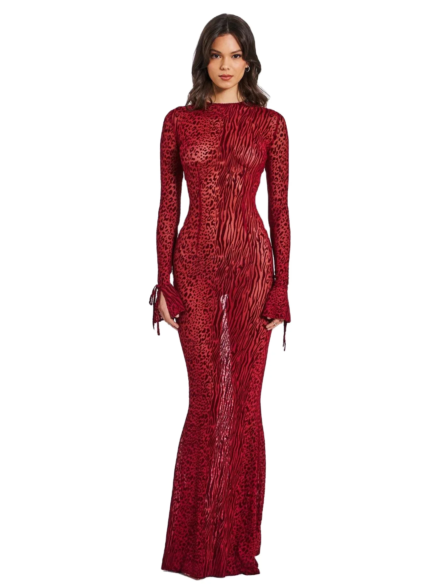 strapless open back dress Patricia Burgundy Leopard Burnout Velvet Mesh Backless Maxi Dress main image 0