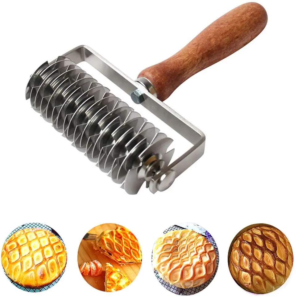 Stainless Steel Dough Roller Cutter With Wood Handle Cookie Pie Dessert Pizza Bread Pastry Crust Roller Cutter