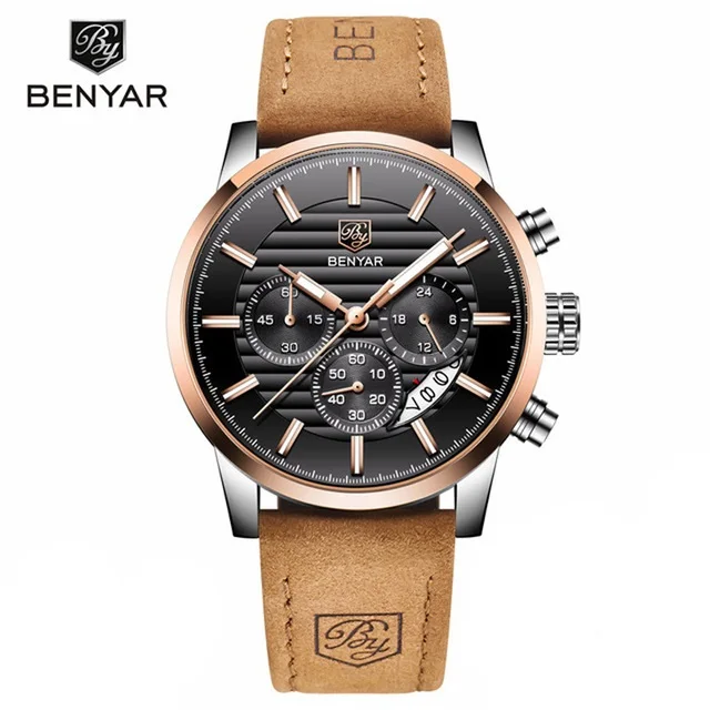 BENYAR 5104 Jam Tangan Kualitas Tinggi Kulit Kuarsa Pria Jam Tangan Fashion  Chronograph Hadiah Jam Tangan Pria Jam Montre Homme