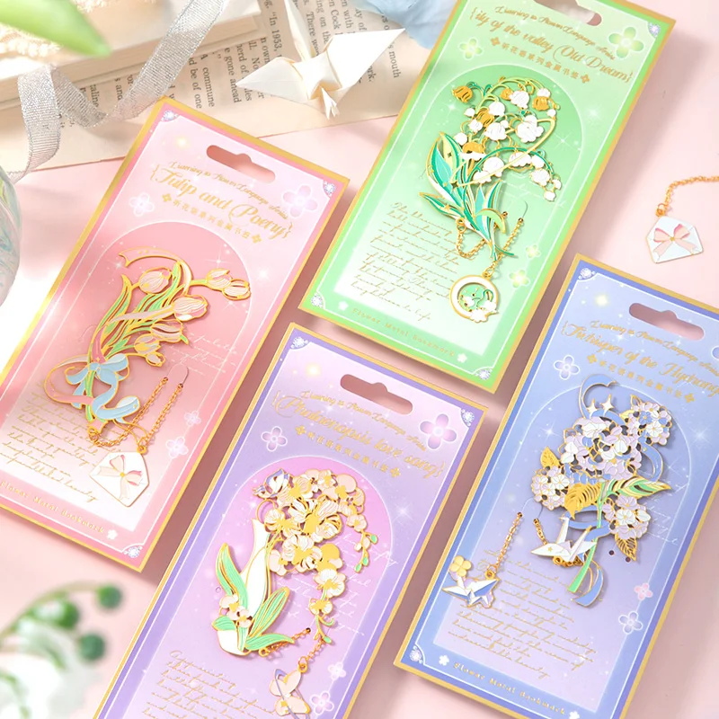 Simno Flower Theme Gold Plated Exquisite Hollow Metal Bookmark with Chain for Ladies Book Lovers Gift
