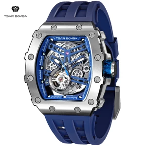 For Automatic Mechanical Business Luxury Sport Stainless Steel Men's Watch Tonneau Case Sapphire Crystal Luminous Hollow