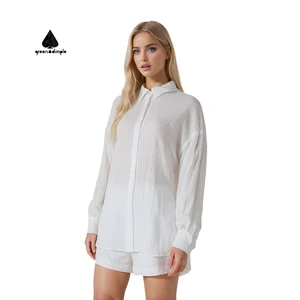 Custom Women's Clothing Manufacturers Women Cotton Linen Summer Long Sleeve Shirt and Short Pants Night Dress Casual Set