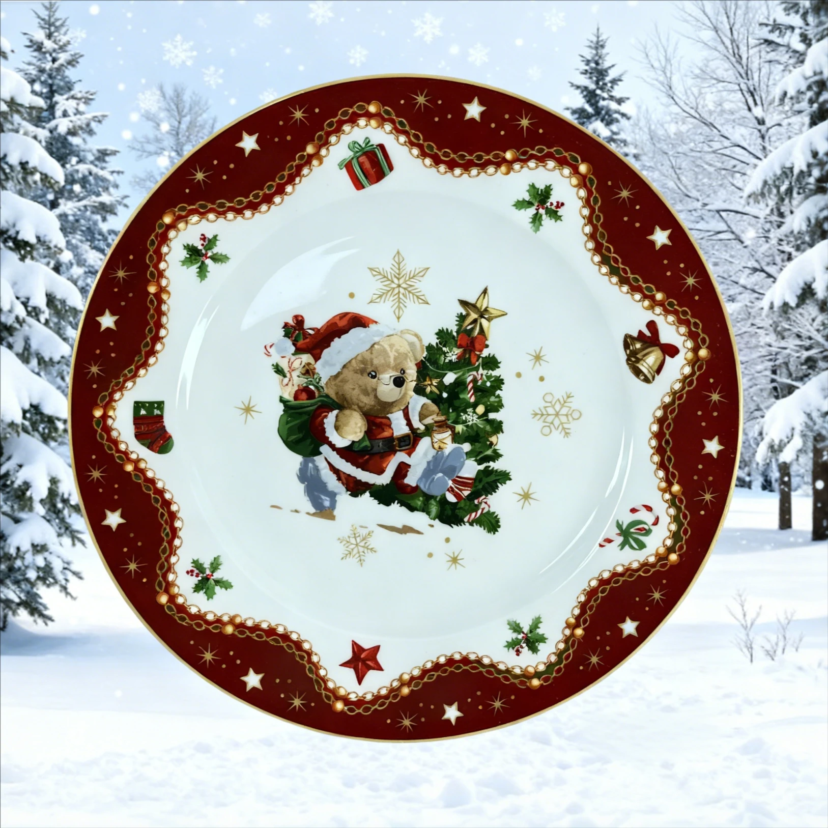 Vánoční nádobí se Santou a plyšovým medvědem – porcelánové talíře, šálky a misky s vlnitým okrajem (vánoční design) sada nádobí