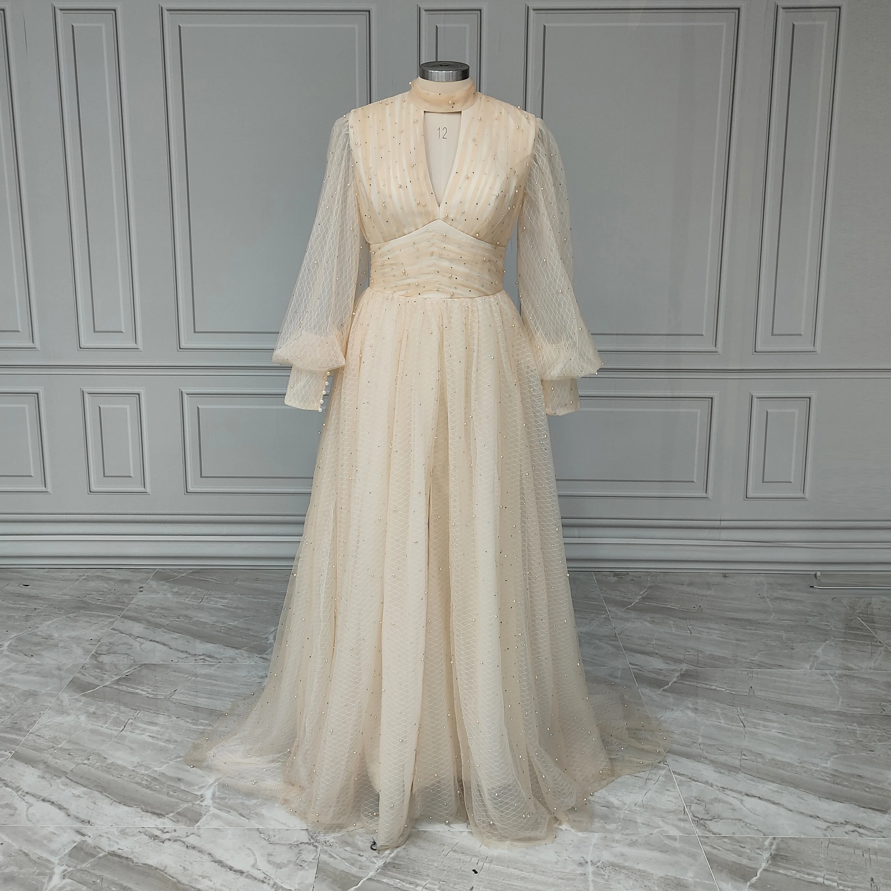 Real Photos Long Puffy Sleeves Side Slit A-line Beaded Pearls Tulle Evening  Dress Women Prom Gown for Wedding Party