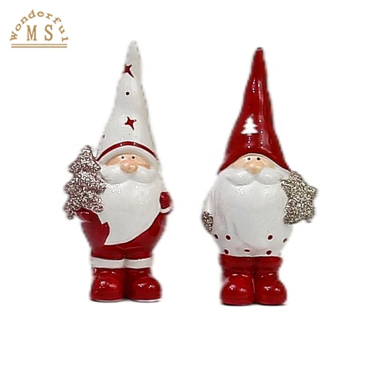 Non-LED Ceramic Christmas Ornament with Red Color Santa Figurine hold with Heart Star and Christmas Tree for Holiday Decoration