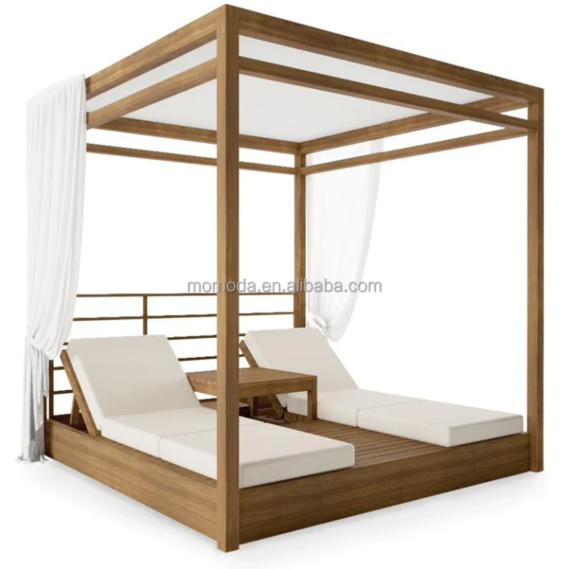 Luxury Modern Style Poolside square Chaise Sunbed Canopy Outdoor Teak Wood Daybed With Curtains