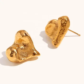 Dingran Cute Jewelry Irregular Hammered Heart Earrings PVD Gold Plated Stainless Steel Stud Earrings