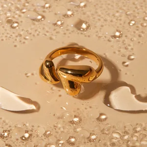 MW Women's Stylish 18K Gold-Plated Stainless Steel Double-Love-Heart Stackable Open Ring Non-Fading Waterproof Daily Wear