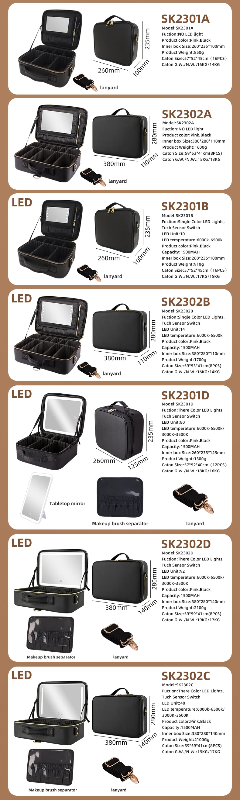 Espelho Com Led Vanity Organizer Large Box Rechargeable Cosmetic Travel Make Up Makeup Case Bag