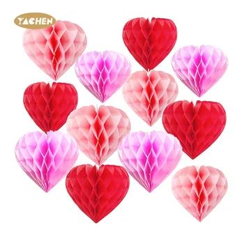 Yachen Red Pink Hanging Paper Honeycomb Heart Pom Poms Tissue Decorations for Valentine Birthday Wedding Events Decor