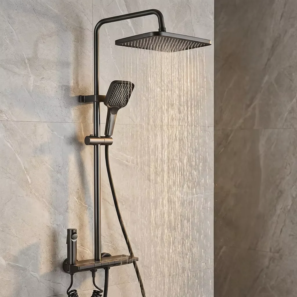 Full installation view of gun grey shower panel Aluminum shower column system installed in modern bathroom setting