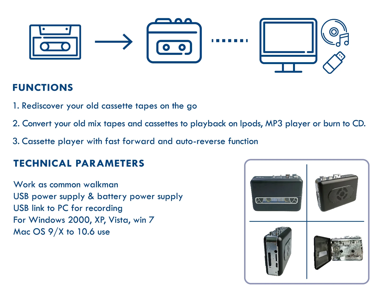 Portable Walkman Auto Reverse Cassette Player With Earphone,Buildin