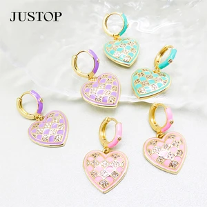 Hot Lady Heart Charm Drop Earring Jewelry Zircon Colorful Heart Hoop Gold Plated Drop Earrings Set for Women