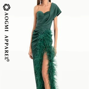 Haute Couture Fashion Ladies Elegant One Shoulder Sleeveless Shiny Sequin Feather High Fork Floor-Length Trumpet/Mermaid Club
