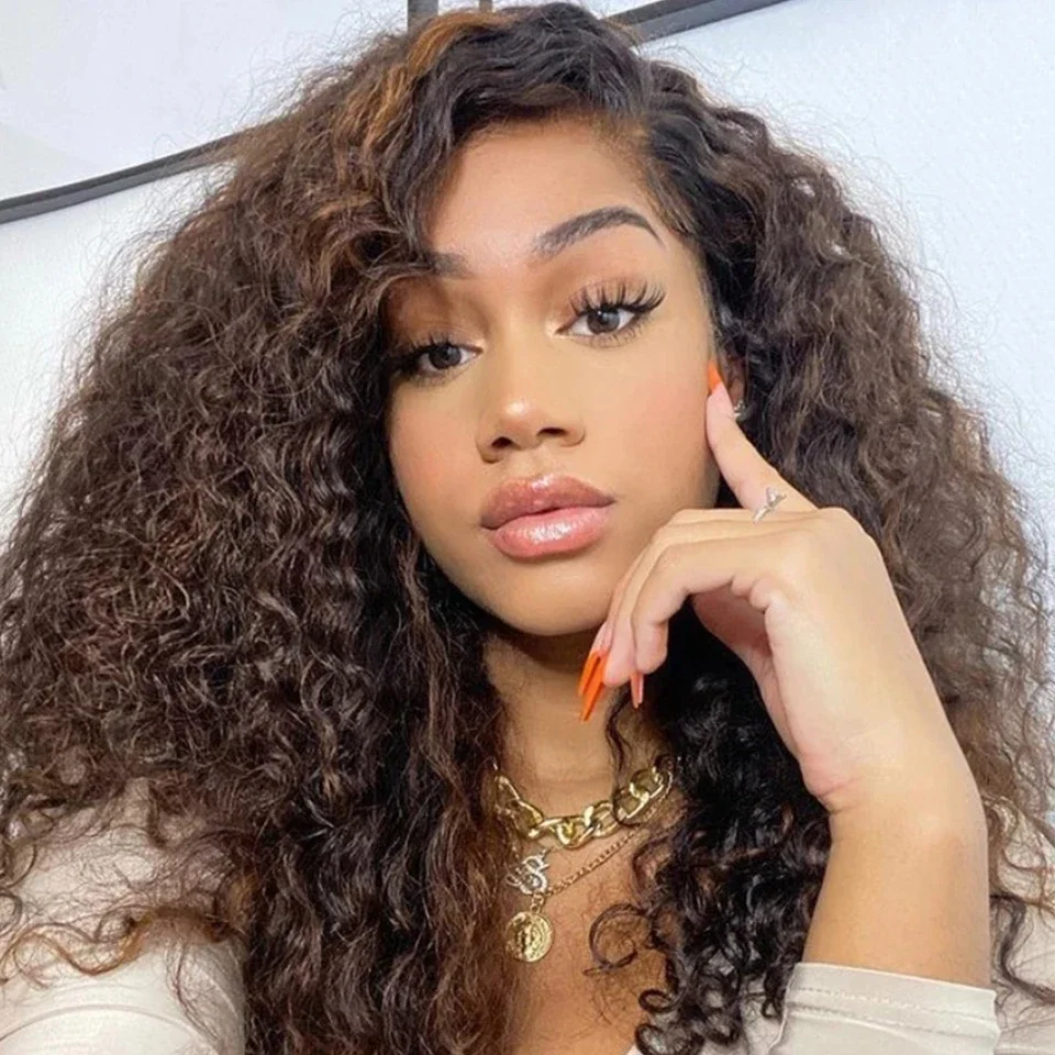 Ombre Chocolate Brown Kinky Curly Lace Front Human Hair Wigs Fechamento Transparente HD 360 Frontal Wig_voghion.com