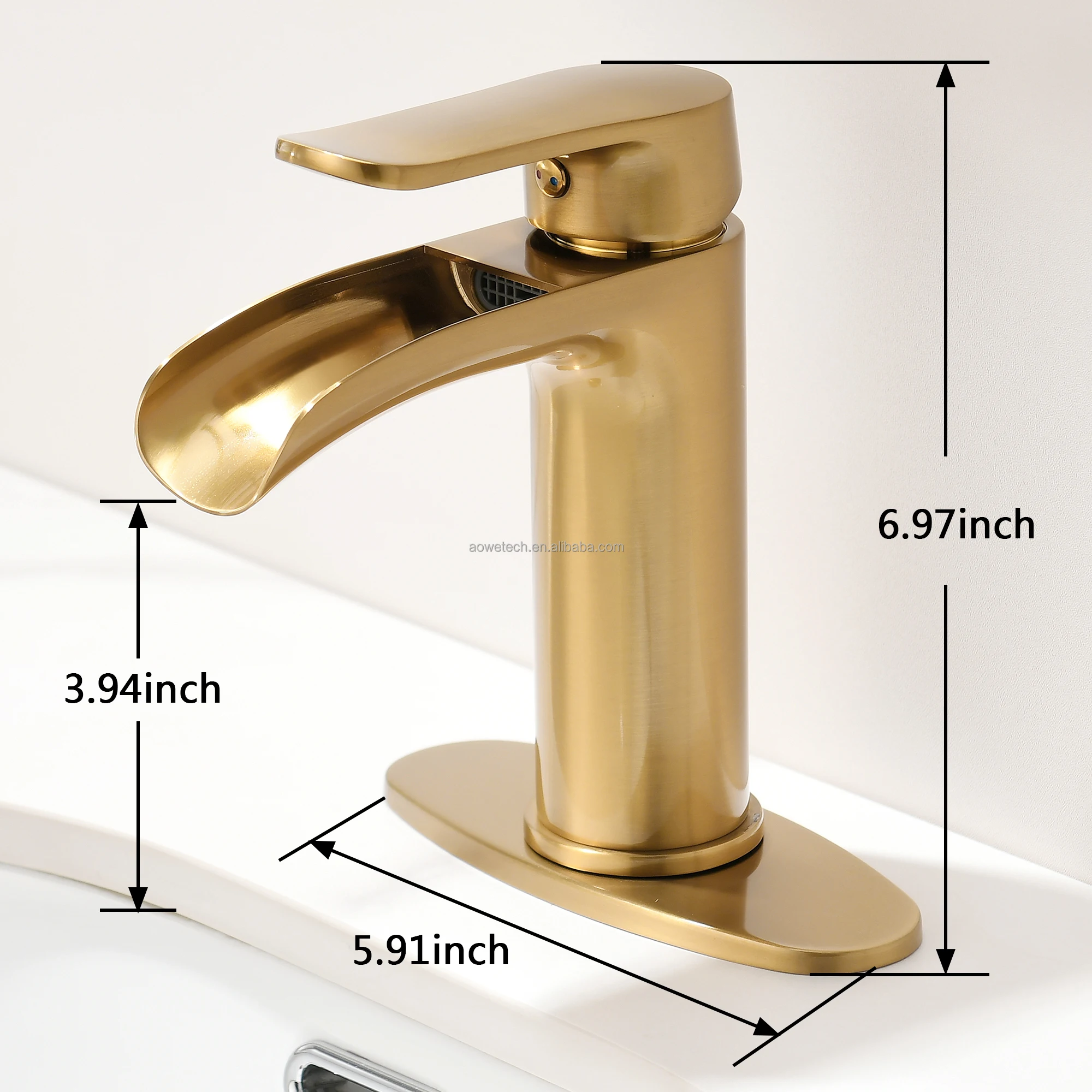 Brushed Gold Single Handle Waterfall Bathroom Faucet Solid SS304 Basin Mixer Tap OEM Laser Logo 1 or 3 Hole with Deck Plate