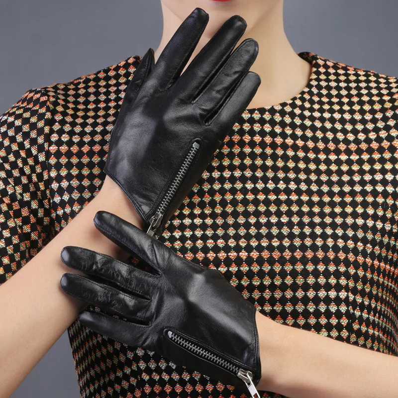 Демисезонные женские ветрозащитные кожаные перчатки из овечьей кожи