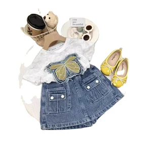 2026 Summer Girls Clothing Sets Butterfly Embroidery Short Sleeve Top Denim Culottes 2 Piece Children Clothes Wholesale