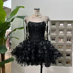Women's Sleeveless Strapless Party Dress Short Birthday Apparel Tulle Mini Dress with Butterfly Decorations