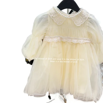 Children Clothes Spring and Autumn Girls Baby Dresses Puff Long Sleeve Pearl Mesh Baby Princess Dress