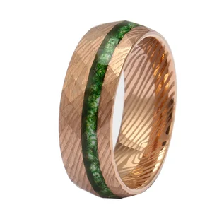 8mm Green Moss Agate Wedding Band Rose Gold Laser Faceted Pattern Tungsten Ring Men Comfort Fit Tungsten Moss Agate Ring for Men