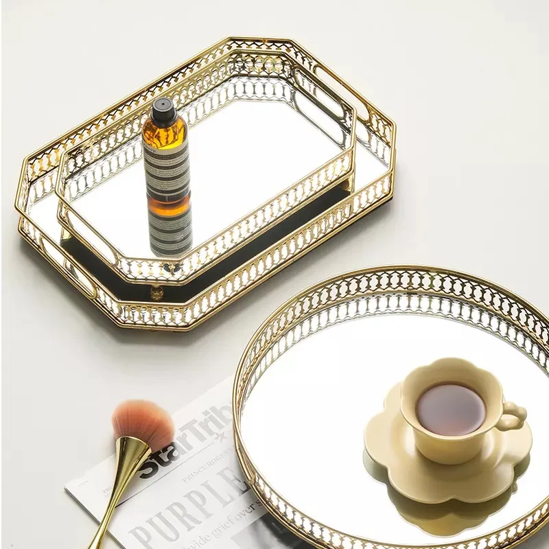 Mirror Tray Glass Perfume Decoration Cosmetics Organizer Table Trinket  Storage Rack Vintage Display Vanity Tray