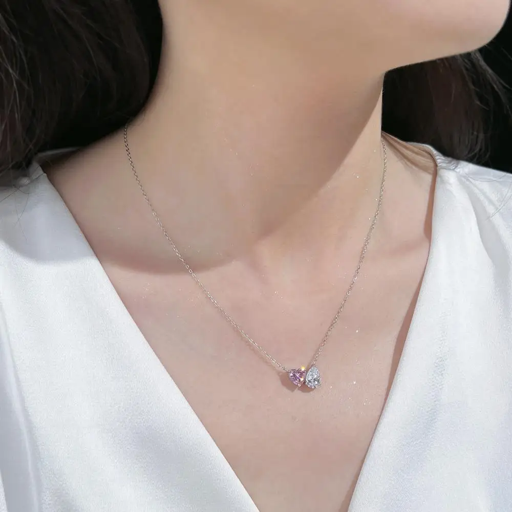 KAKODIY Women's Fine Jewelry 925 Sterling Silver Rhodium Plated Pink Heart Pendant with 5A Zircon Necklace detail 7
