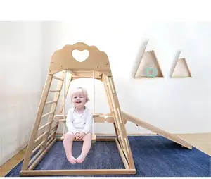 Indoor Playground Slides Equipment Wooden Rope Climbing Toy Kid Climb Frame Swing and Slide for Kids Gym Ring Play Grounds