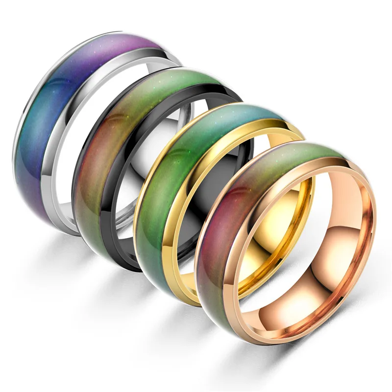 Hot Sale 6mm Stainless Steel Ring Popular Temperature Sensitive Glaze Seven Changing Color Mood Rings Couple for Women Men