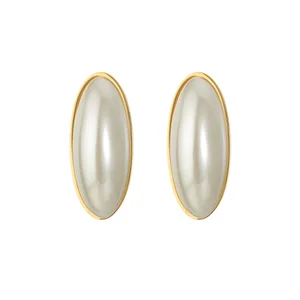 Vintage 18K Gold Plated Stainless Steel Inlaid Oval Pearl Stud Earrings Simple Stud Earring Fine Jewelry Earrings for Girls