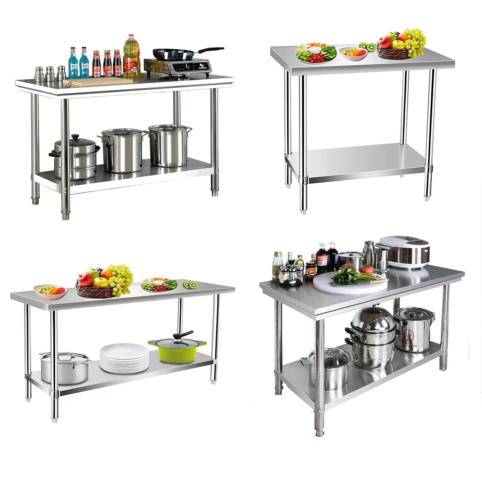 Work Table Pro Kitchen Commercial Kitchen 2-Tier Stainless Steel Work Table with Undershelf ...