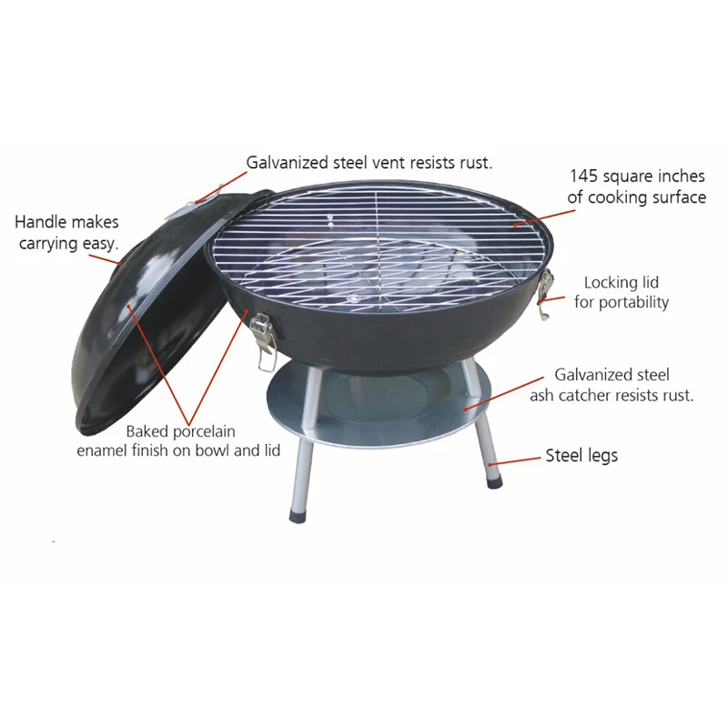 2022 New Style Out Door 14 Inch Custom Stainless Zin Porcelain Mini Round Kettle Grill Bbq