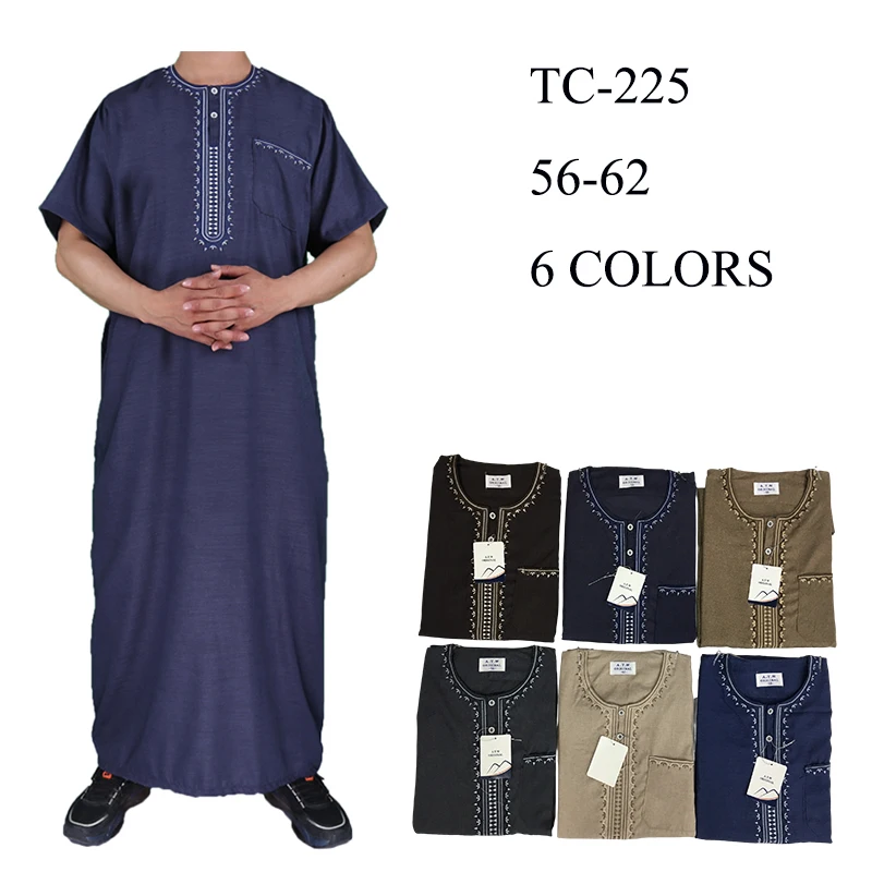 2023 New Style Model Muslim Morocco Eid Cotton Fabric Thobe Khamis Arab Short Sleeve Islamic Clothing Men Thobe