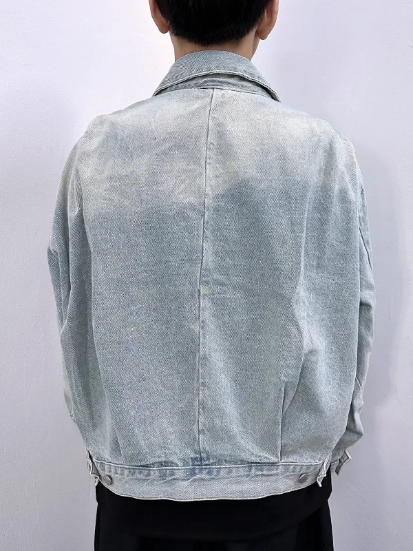 Gradient Patchwork Washed Medium Hole Nylon/Cotton Vintage Short Denim Jacket Retro Simple Loose Casual Trendy Brand Men's Style