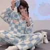 SkyBlueCheckPeachFleecePajamaSet