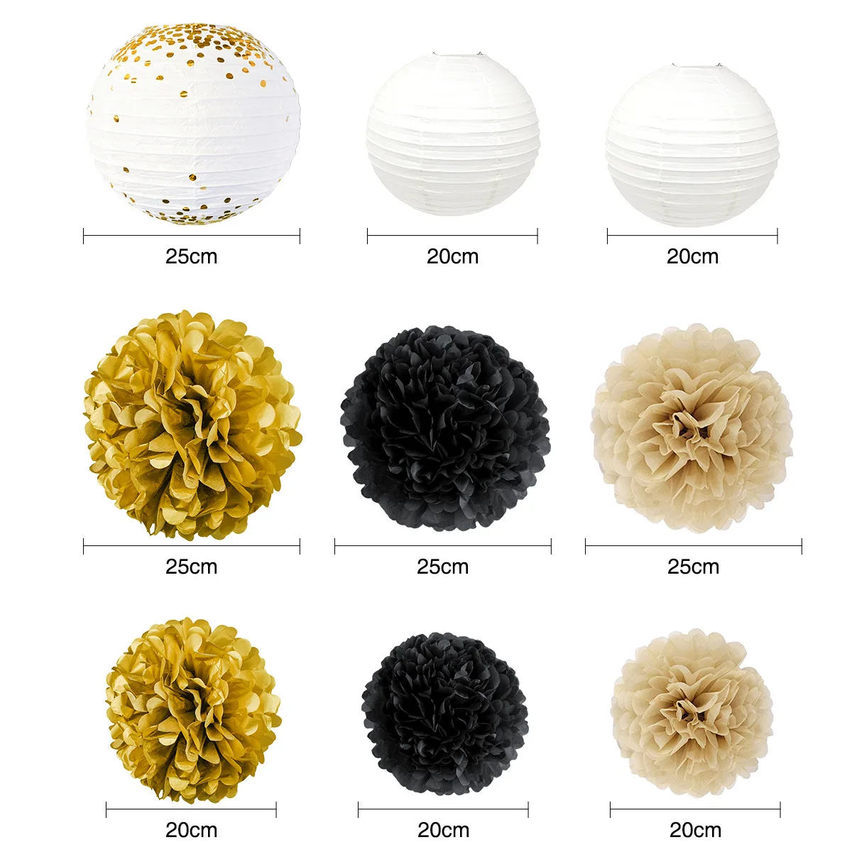 18PCS Black Gold Tissue Paper Pom Pom,black Gold Paper Lantern,black Gold  Party Supply Decorations for the Bridal Baby Shower,birthday Party 