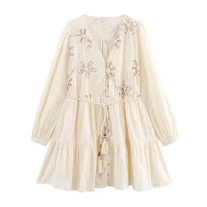 Spring New Women's Woven Vintage Floral Embroidered Button Tassel Shirt Dress Casual for Shopping & Party