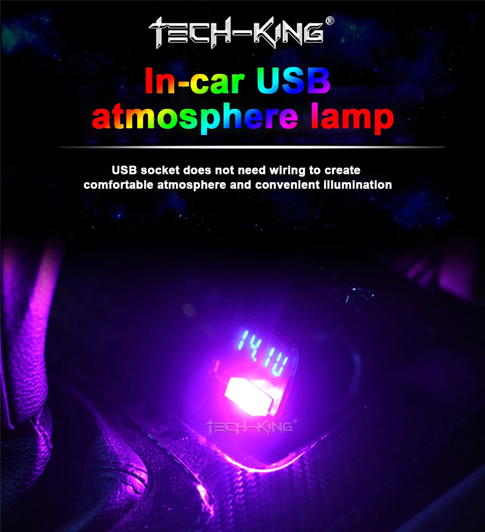 TECH-KING Car Interior Atmosphere Lamp Ambient Lighting Kit Night Led Decoration Mini Universal USB led Light Atmosphere Lamp