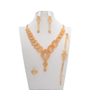 Handmade Women's 14K Gold Plated Copper Jewelry Set with Necklace Bracelet Earrings Ring for Wedding Engagement Party