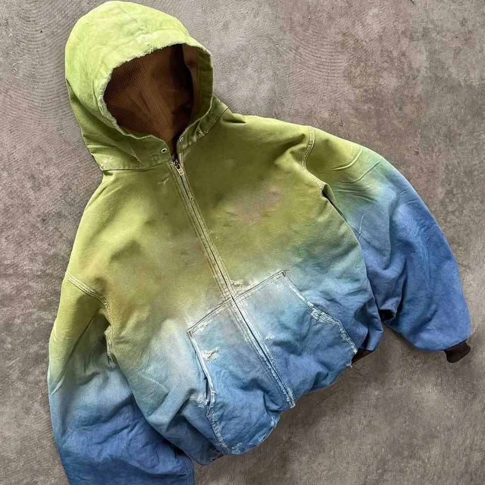 SALATI Custom Factory Gradient Dye Denim Work Jacket for Men Vintage Y2K Button Duck Canvas Hoodie Distressed Boxy Workers gallery 4